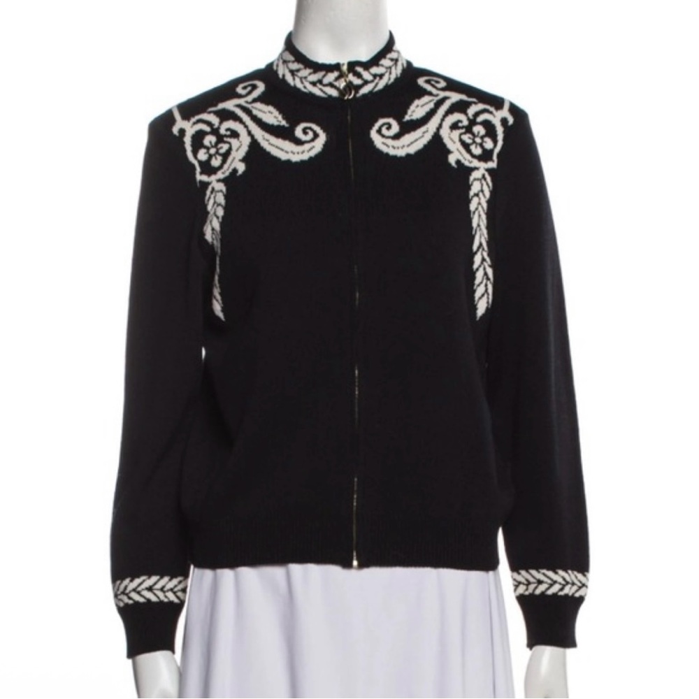 St. John Sport Black and White Wool-Blend Knit Jacket with Gold Accent NEW